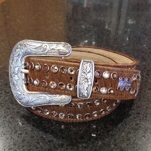 B.B. Simon | Crystal Embellished Brown Calf Hair Cowgirl Formal Western Belt